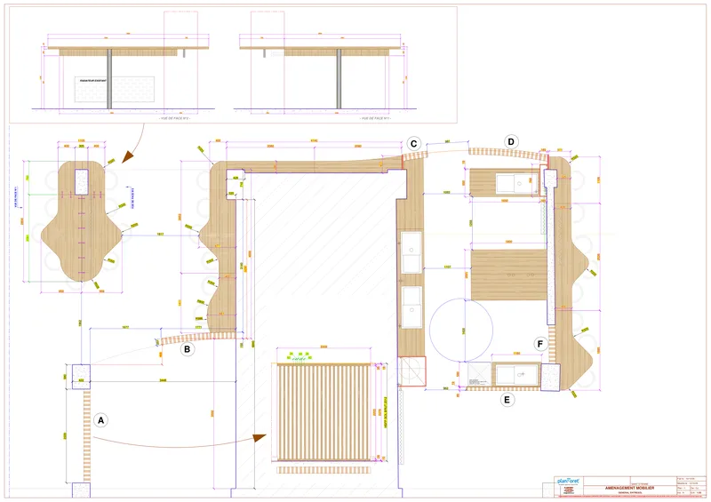 Plan EXE aménagement général tables banque d'accueil et claustra - Planforet Saint-Étienne
