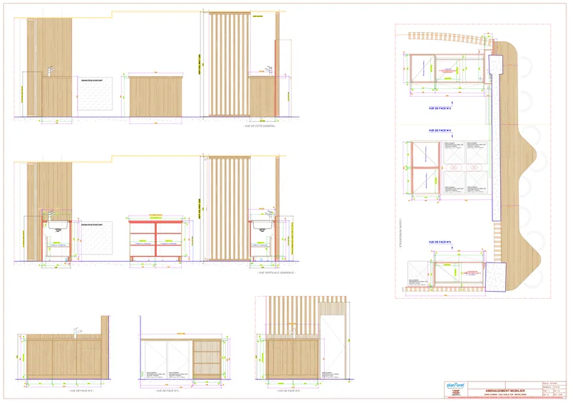 Plan EXE aménagement mobilier zone repas et claustra bois - Planforet bureau d'études Saint-Étienne
