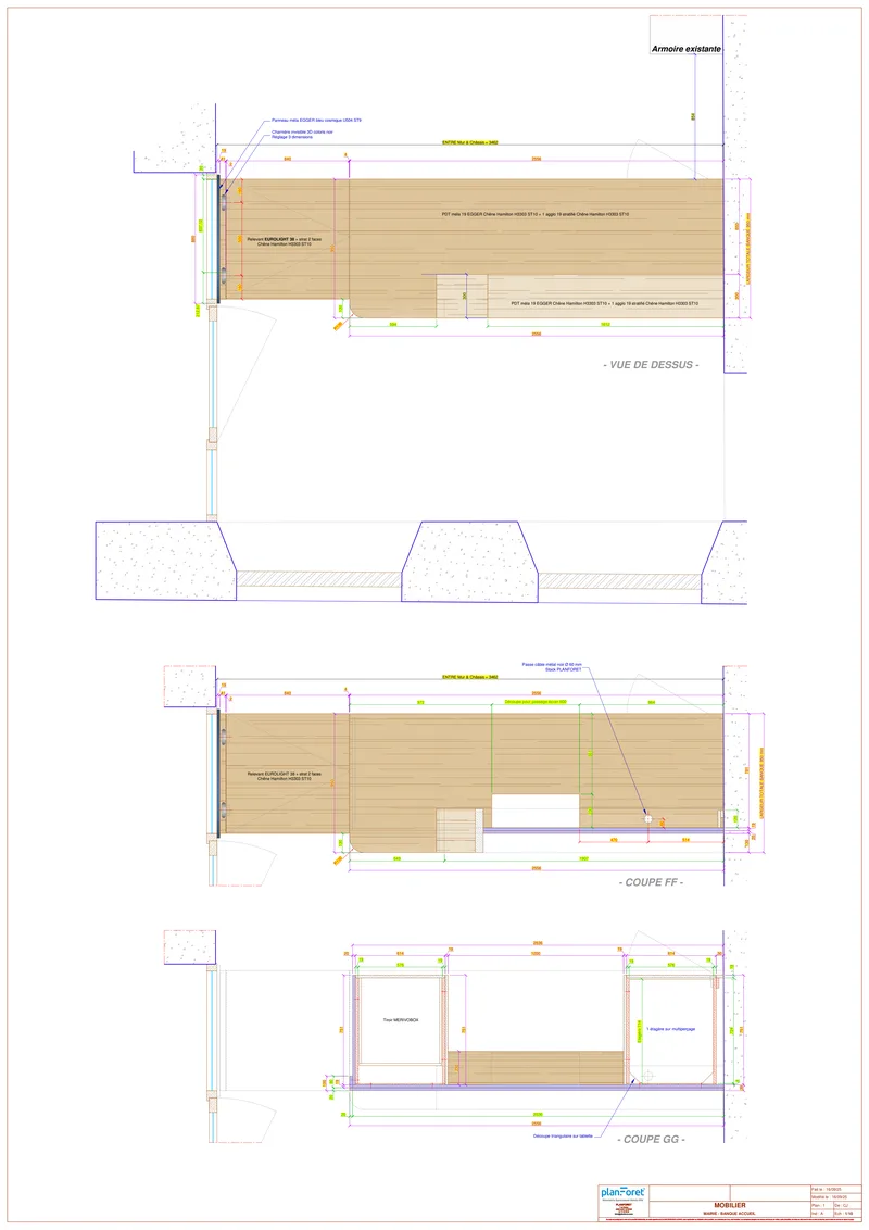 Plan EXE banque d'accueil vues de dessus et coupes horizontales - Planforet