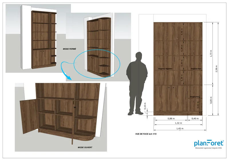 Plan EXE bibliothèque modulable portes battantes bois noyer - Planforet menuisier agenceur