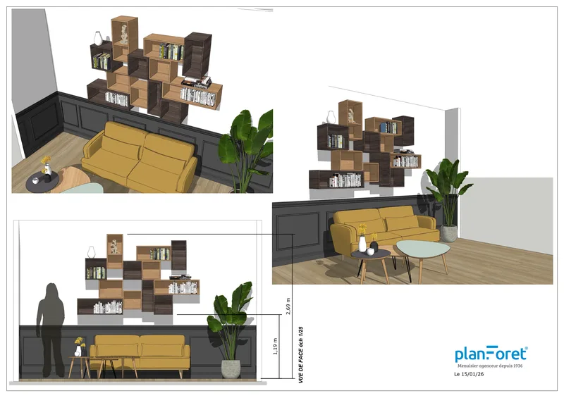 Plan EXE bibliothèque salon design asymétrique bois bicolore - Planforet Saint-Étienne