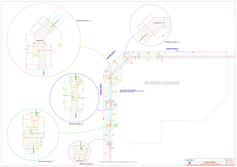 Plan EXE bureau accueil châssis et cloisons vitrées détails - Planforet menuisier agenceur