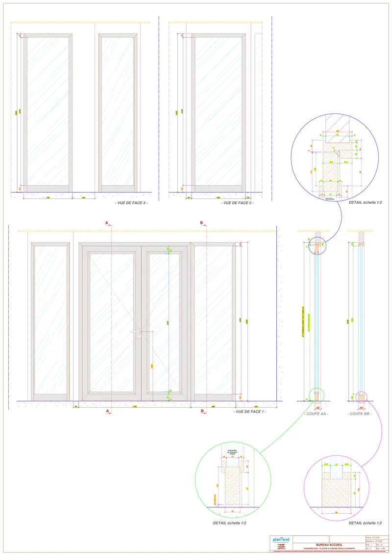 Plan EXE bureau accueil portes vitrées et cloisons coupes - Planforet Saint-Étienne