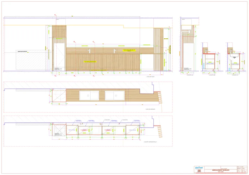 Plan EXE cuisine sur mesure vue de face dessus et coupe horizontale - Planforet