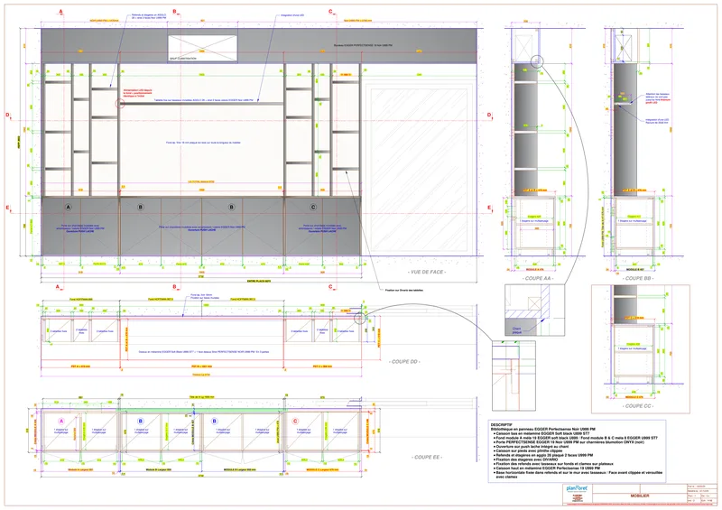 Plan EXE mobilier encastré vue de face et coupes - Planforet bureau d'études Saint-Étienne