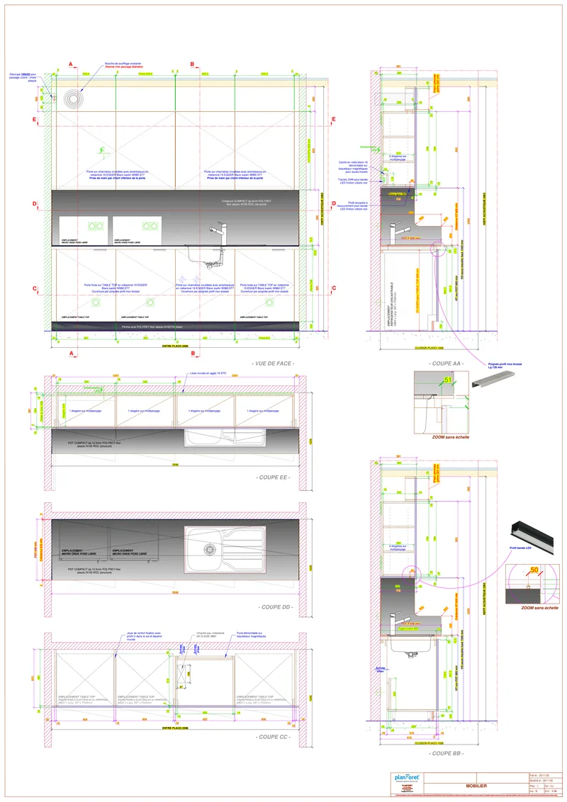Plan EXE zone cuisine professionnelle vue de face et coupes détaillées - Planforet