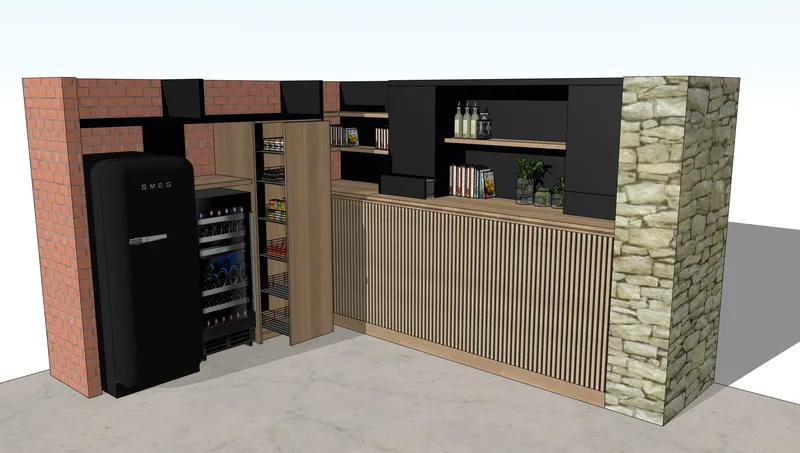 Vue 3D espace de convivialité kitchenette claustra bois - Planforet menuisier agenceur Saint-Étienne