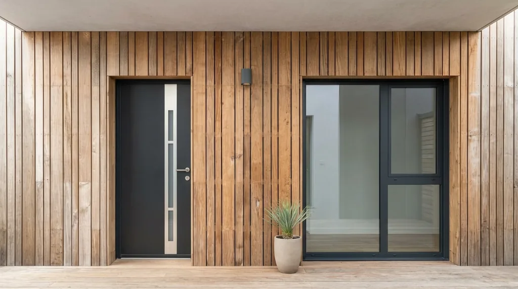 Menuiserie extérieure Planforet : porte d'entrée K-Line et baie vitrée, huisserie aluminium, bardage bois - Installation Saint-Étienne